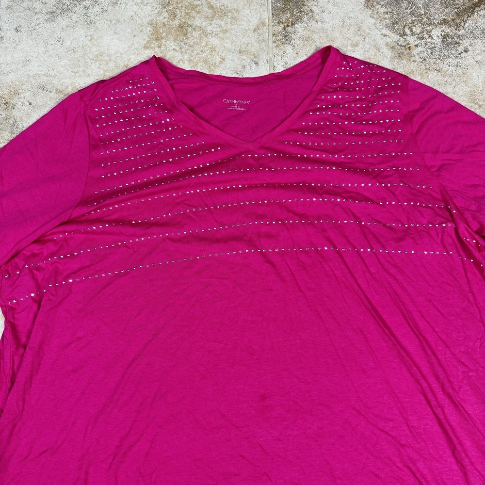 Catherines Top Womens 4X Pink 3/4 Sleeve V-Neck Studded Casual Basic Stretch - Picture 2 of 7